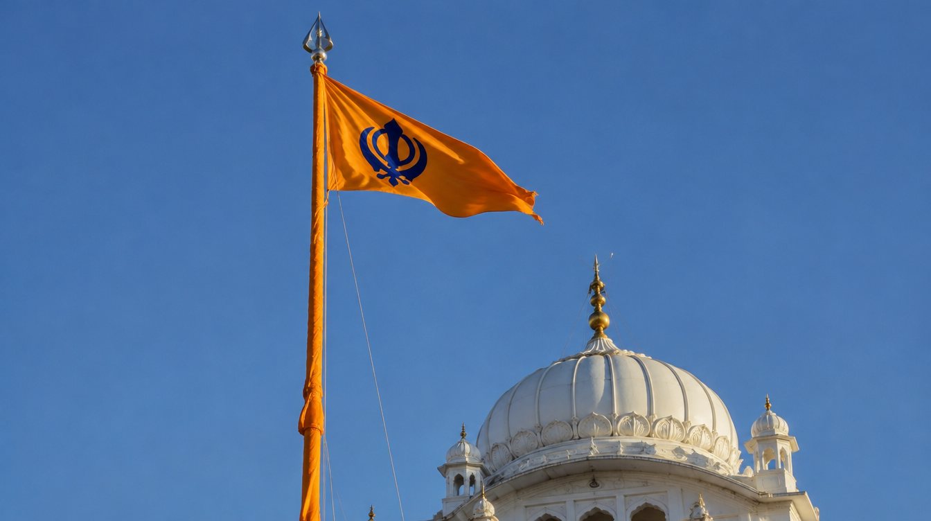 A harmonium and tabla resting on a white sheet in a sunlit gurdwara hall