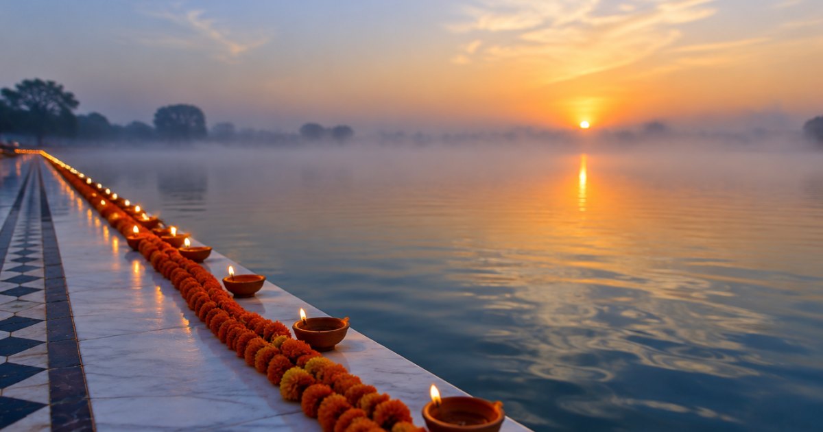 Lit clay diyas and marigold garlands along a marble walkway beside still water at dawn