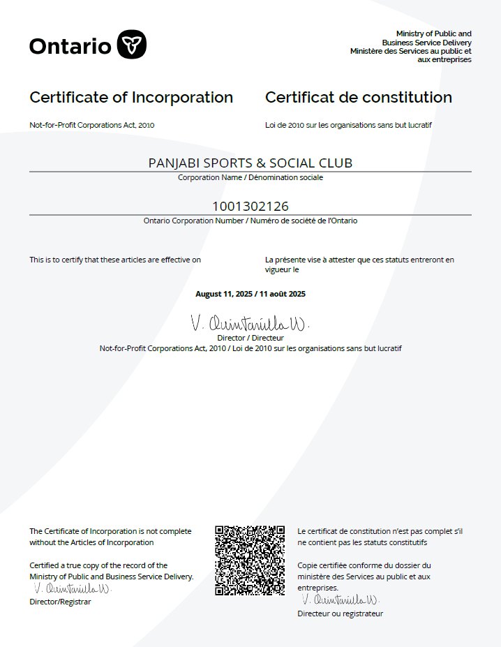 Ontario Certificate of Incorporation for Panjabi Sports & Social Club, Ontario Corporation Number 1001302126, effective 11 August 2025