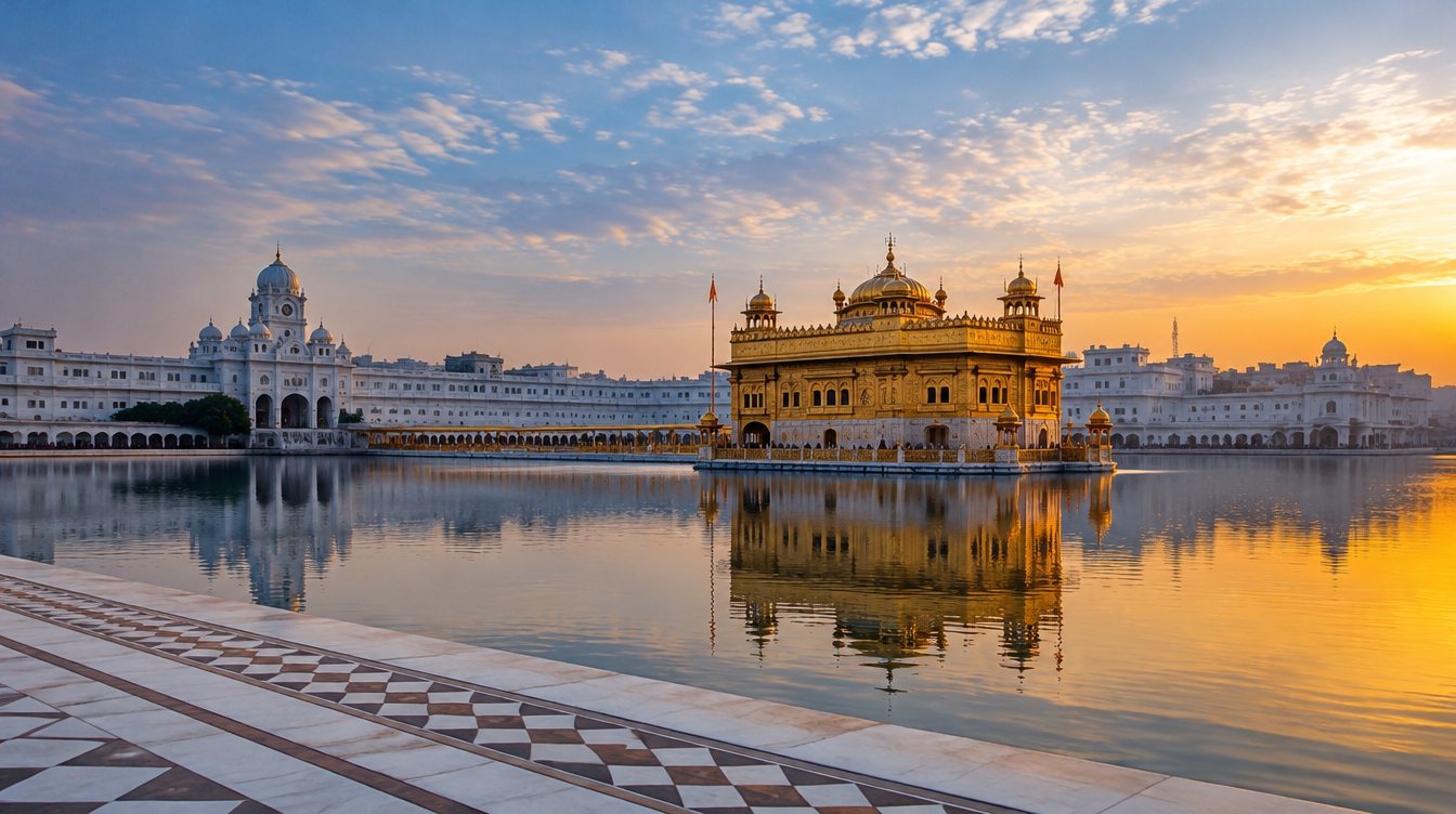 A white gurdwara with golden domes reflected in a calm sarovar at dawn, with a Nishan Sahib
