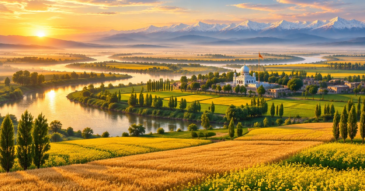 Rivers winding through golden wheat and yellow mustard fields at sunrise, with a village gurdwara and the Himalayan foothills in the distance