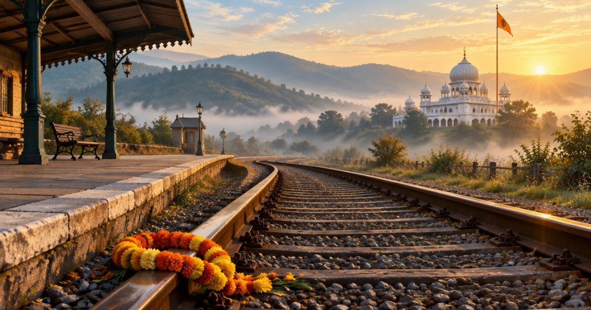A railway line at sunrise with a marigold garland beside the tracks and a gurdwara with a Nishan Sahib in the distance