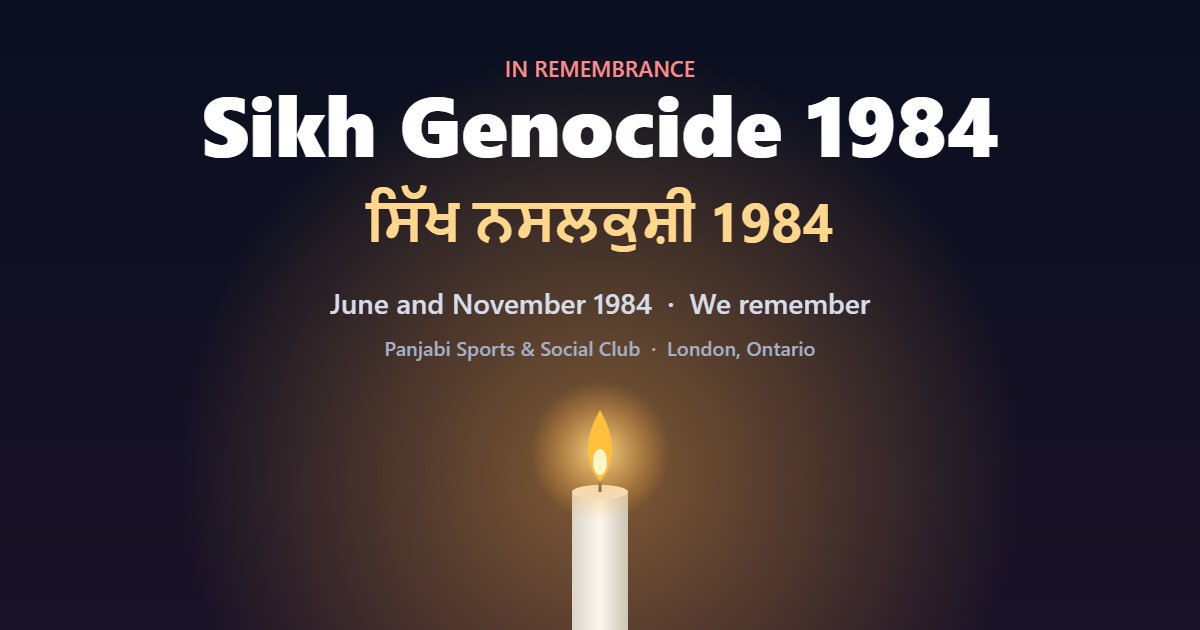 A single lit candle on a dark background with the words Sikh Genocide 1984